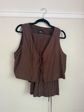 Zara Brown Crinkle Lace-Up Tank Top and Skirt